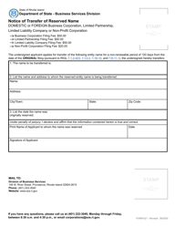 Form 621 Notice of Transfer of Reserved Name - Domestic or Foreign Business Corporation, Limited Partnership, Limited Liability Company or Non-profit Corporation - Rhode Island, Page 2