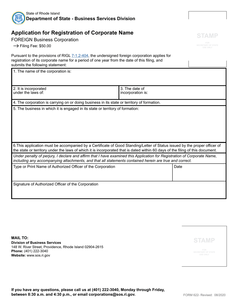 Form 622 Application for Registration of Corporate Name - Foreign Business Corporation - Rhode Island, Page 2