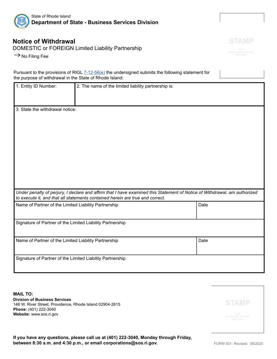 Form 501 Notice of Withdrawal - Domestic or Foreign Limited Liability Partnership - Rhode Island, Page 2