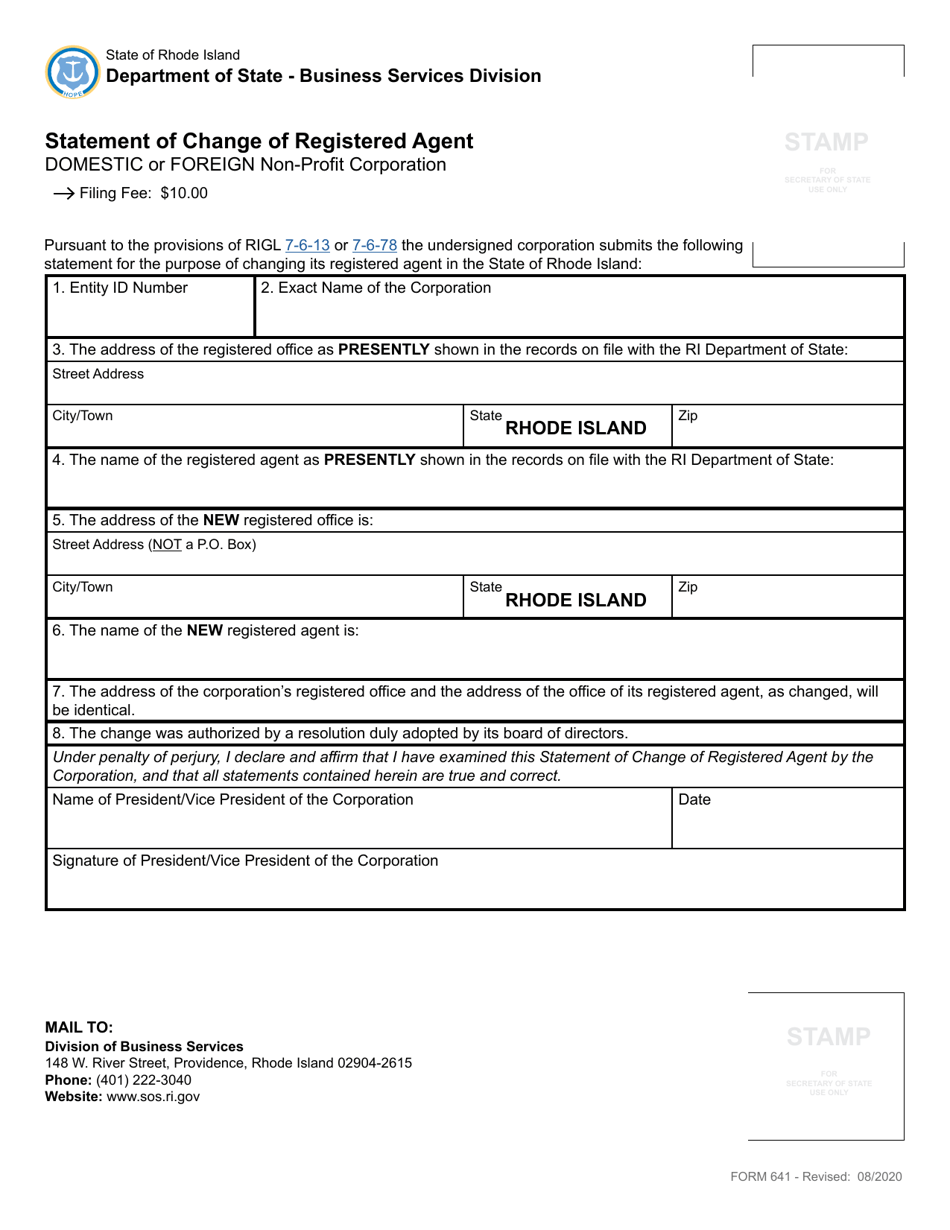 Form 641 Statement of Change of Registered Agent - Domestic or Foreign Non-profit Corporation - Rhode Island, Page 2