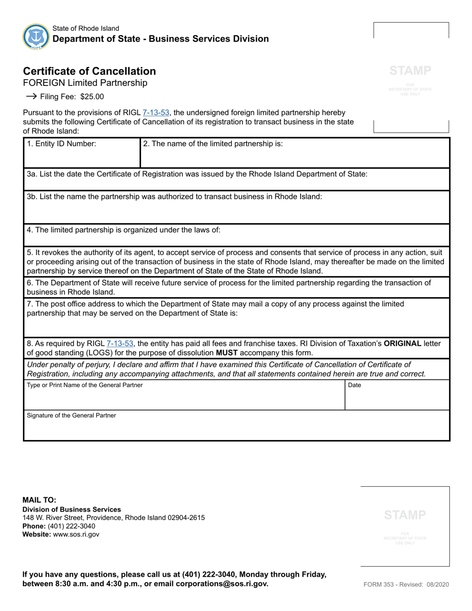 Form 353 Certificate of Cancellation - Foreign Limited Partnership - Rhode Island, Page 2