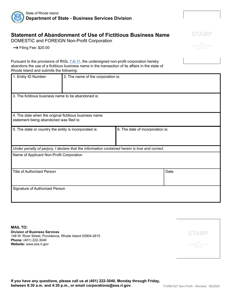 Form 627 Statement of Abandonment of Use of Fictitious Business Name - Domestic and Foreign Non-profit Corporation - Rhode Island, Page 2