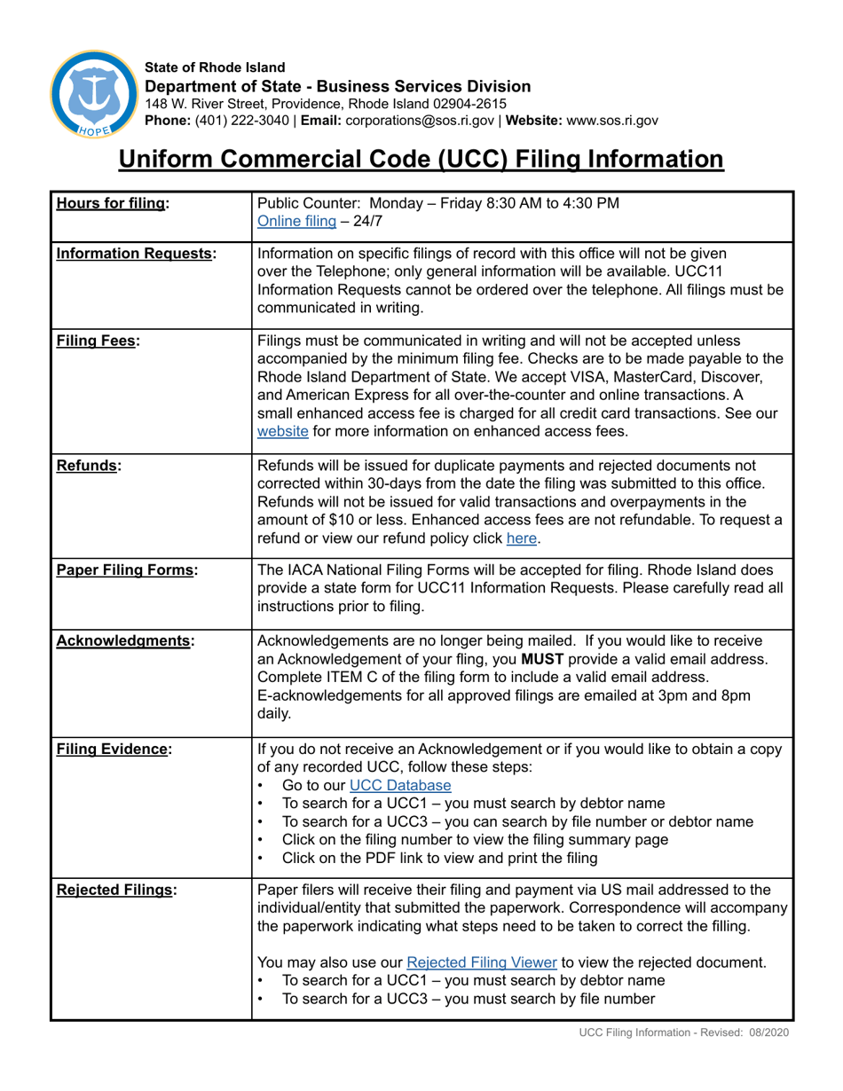 Form UCC11 Information Request - Rhode Island, Page 1