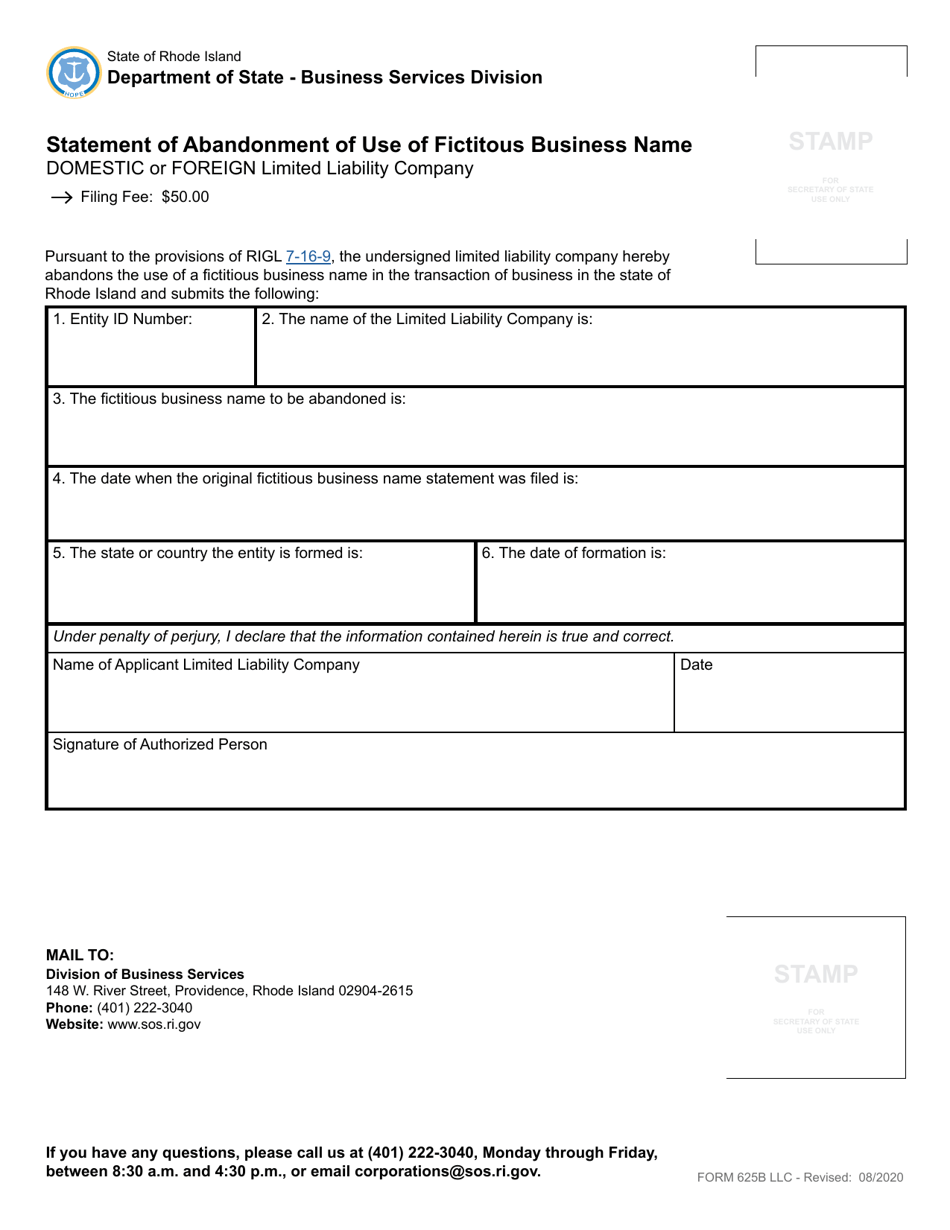Form 625B Statement of Abandonment of Use of Fictitious Business Name - Domestic or Foreign Limited Liability Company - Rhode Island, Page 2