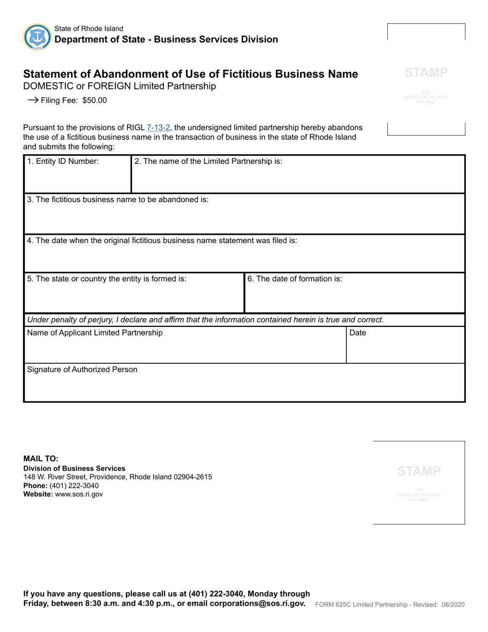 Form 625C Statement of Abandonment of Use of Fictitious Business Name - Domestic or Foreign Limited Partnership - Rhode Island, Page 2