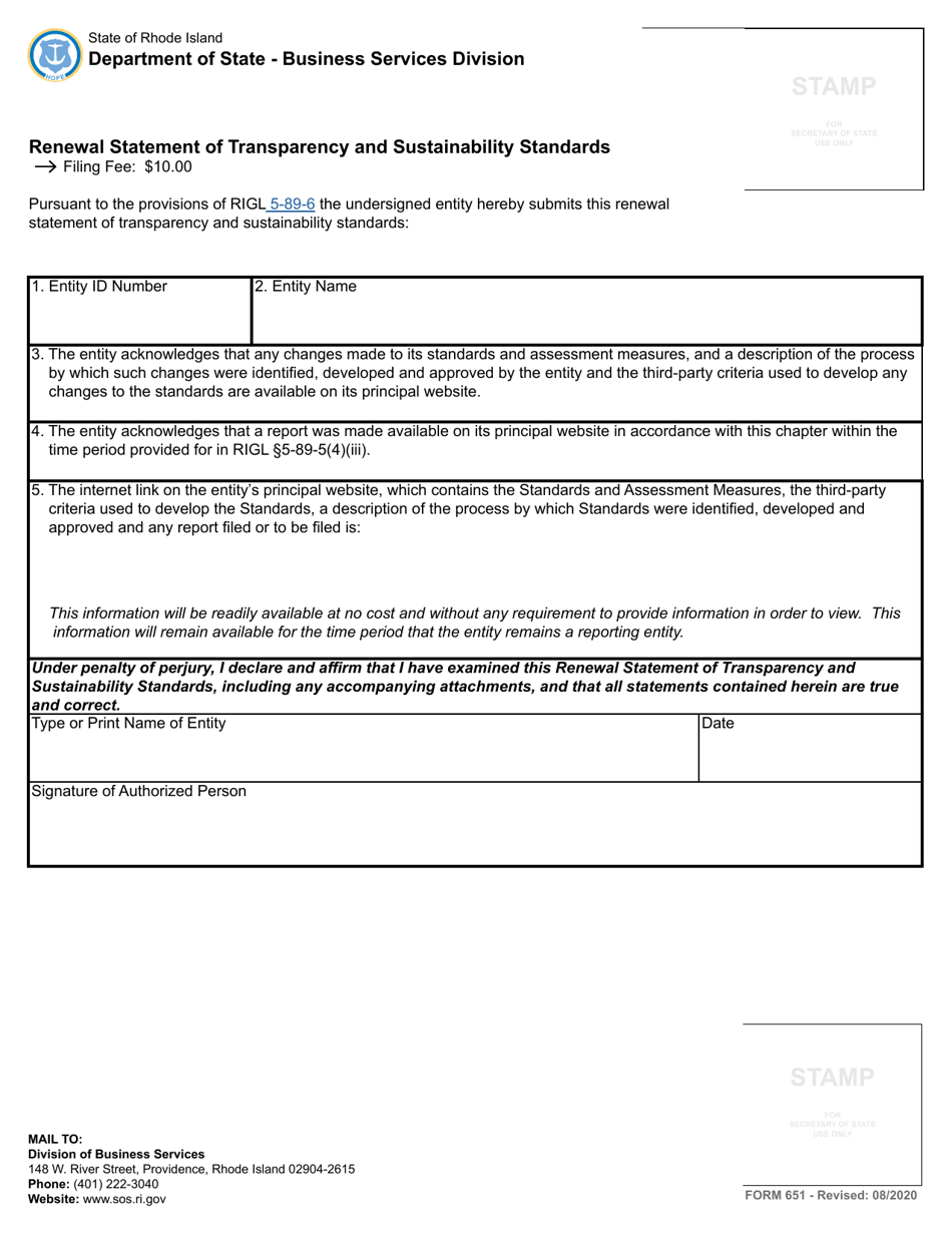 Form 651 Renewal Statement of Transparency and Sustainability Standards - Rhode Island, Page 2