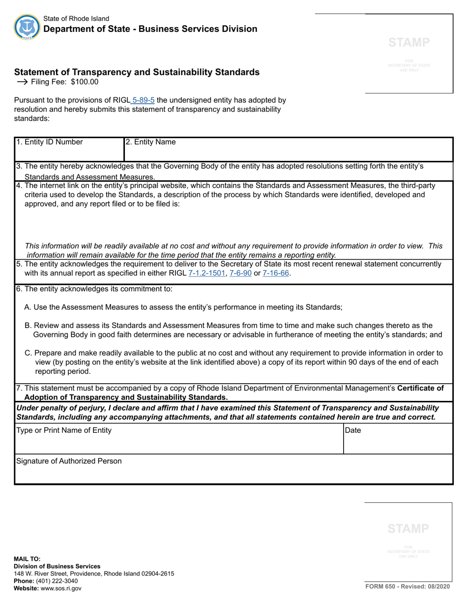 Form 650 Statement of Transparency and Sustainability Standards - Rhode Island, Page 2