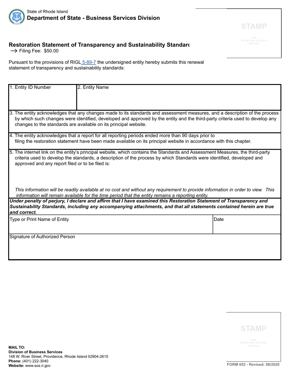 Form 652 Restoration Statement of Transparency and Sustainability Standards - Rhode Island, Page 2