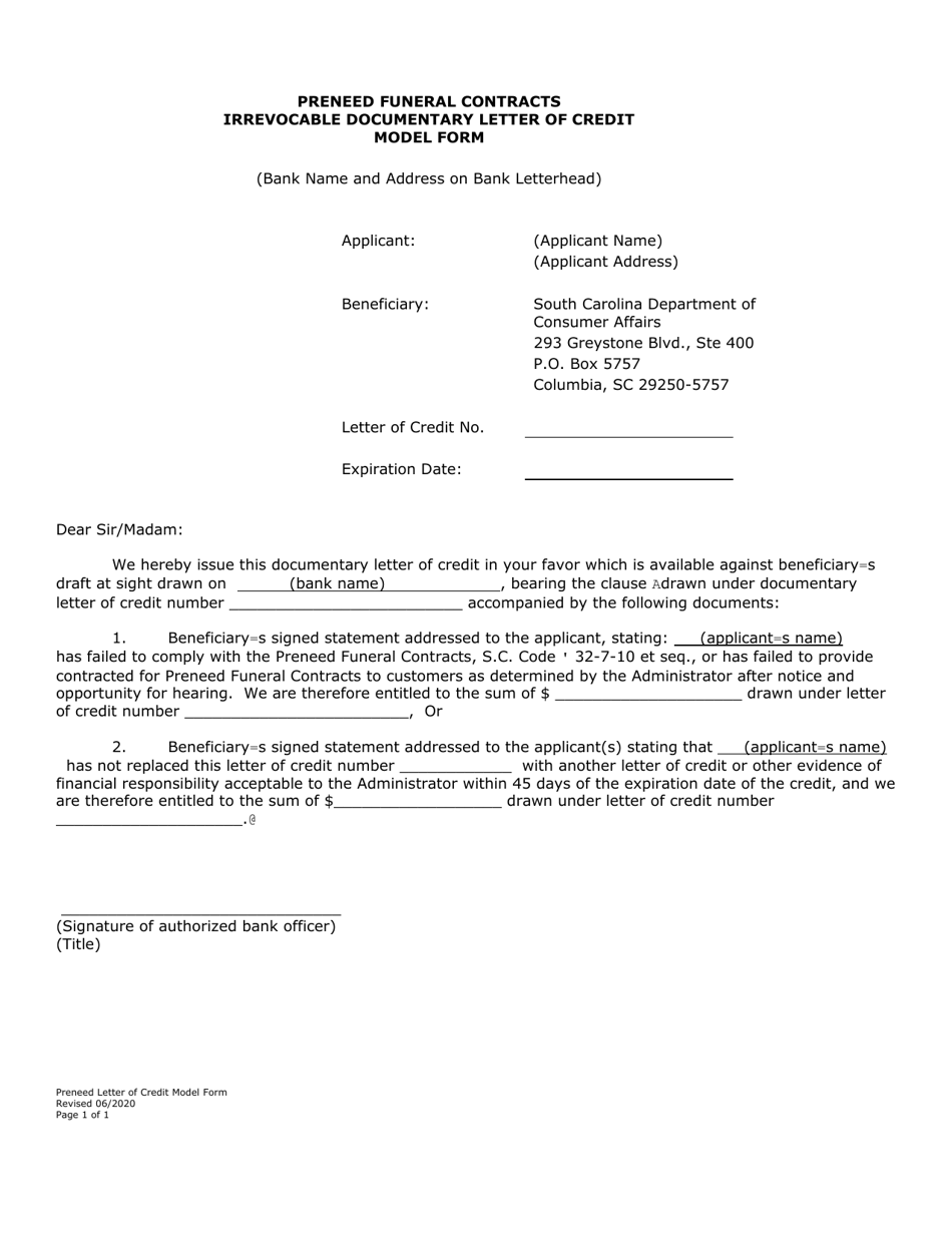 Preneed Funeral Contacts Irrevocable Documentary Letter of Credit Model Form - South Carolina, Page 1