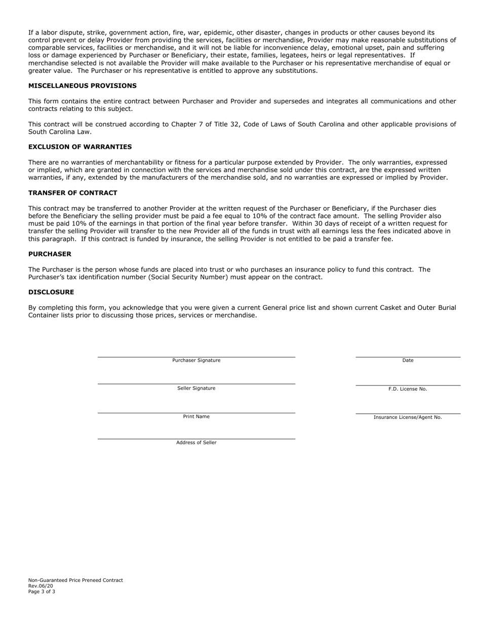 Non-guaranteed Price Preneed Contract - South Carolina, Page 3