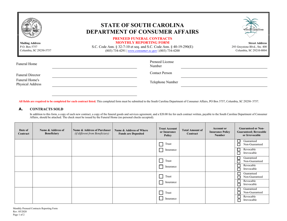 Preened Funeral Contracts Monthly Reporting Form - South Carolina, Page 1