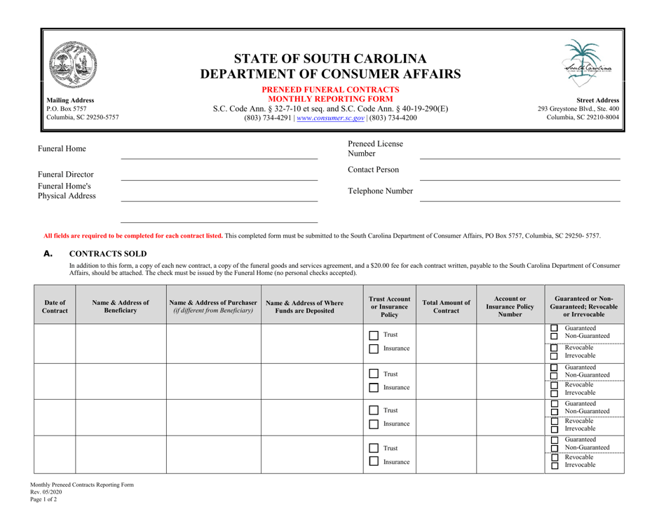 South Carolina Preened Funeral Contracts Monthly Reporting Form Fill
