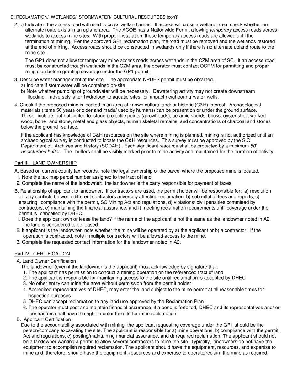 DHEC Form 3114 (MR-4001GP1) Notice of Intent for Coverage Under a General Mine Operating Permit - Gp1 - South Carolina, Page 11