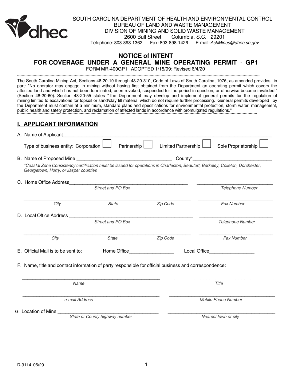 DHEC Form 3114 (MR-4001GP1) Notice of Intent for Coverage Under a General Mine Operating Permit - Gp1 - South Carolina, Page 1