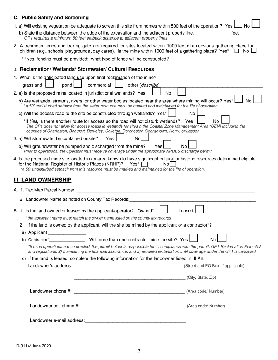 DHEC Form 3114 (MR-4001GP1) Notice of Intent for Coverage Under a General Mine Operating Permit - Gp1 - South Carolina, Page 3