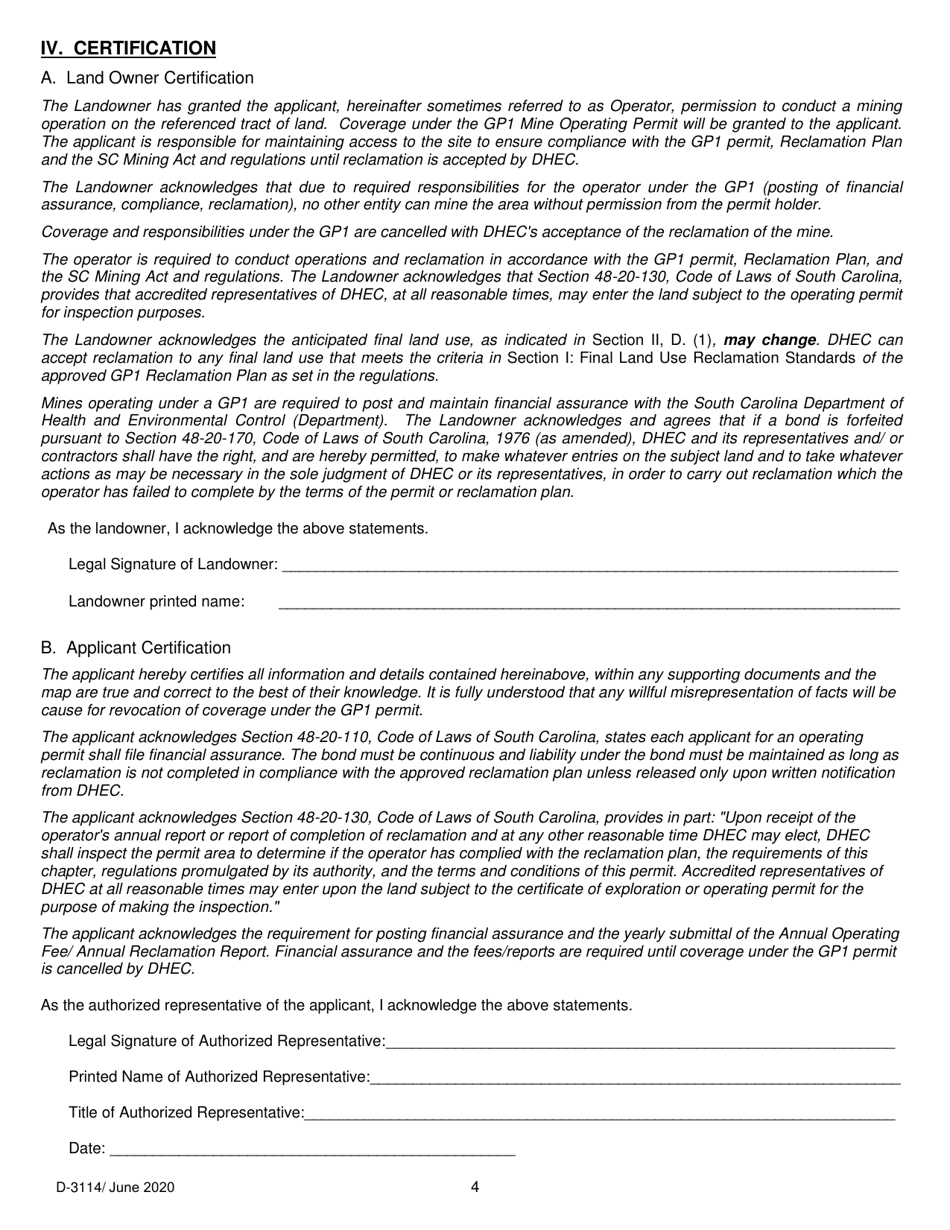 DHEC Form 3114 (MR-4001GP1) Notice of Intent for Coverage Under a General Mine Operating Permit - Gp1 - South Carolina, Page 4