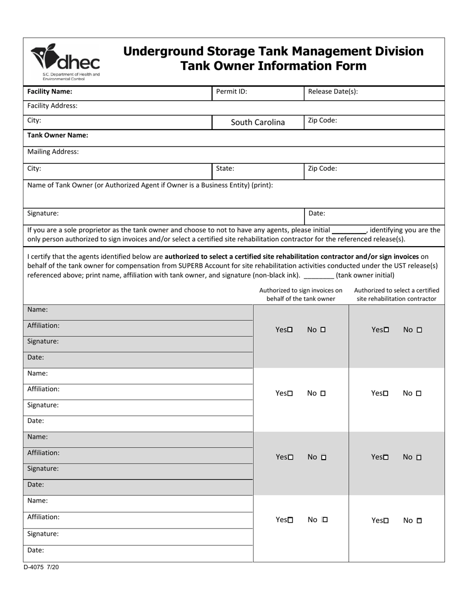DHEC Form 4075 Tank Owner Information Form - South Carolina, Page 1