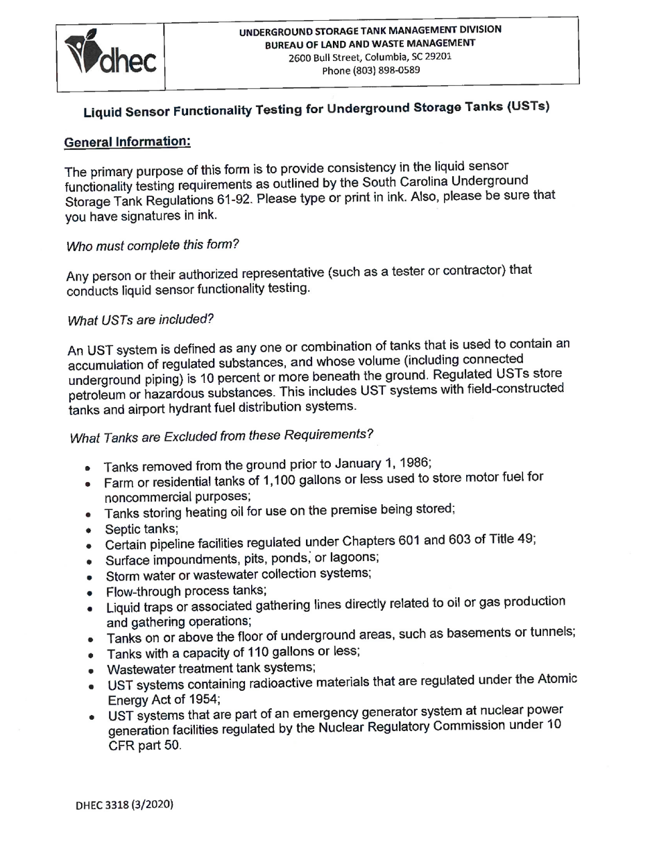 DHEC Form 3318 Liquid Sensor Functionality Testing - South Carolina, Page 2