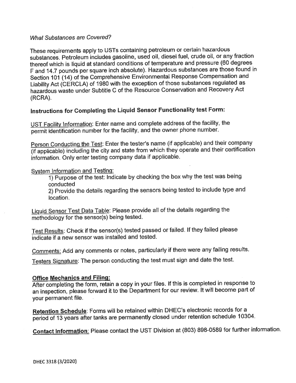 DHEC Form 3318 Liquid Sensor Functionality Testing - South Carolina, Page 3