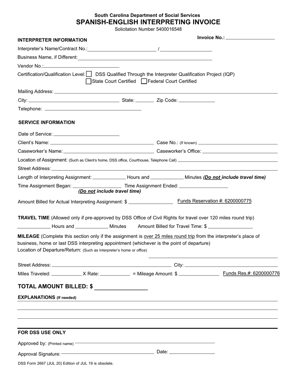 DSS Form 2667 Spanish-English Interpreting Invoice - South Carolina, Page 1