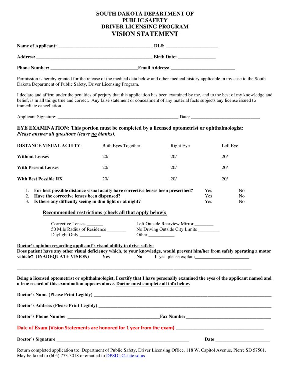 South Dakota Driver Licensing Program Vision Statement Fill Out, Sign