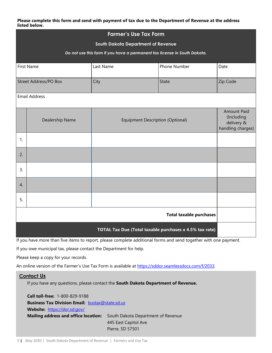 Farmers Use Tax Form - South Dakota, Page 5