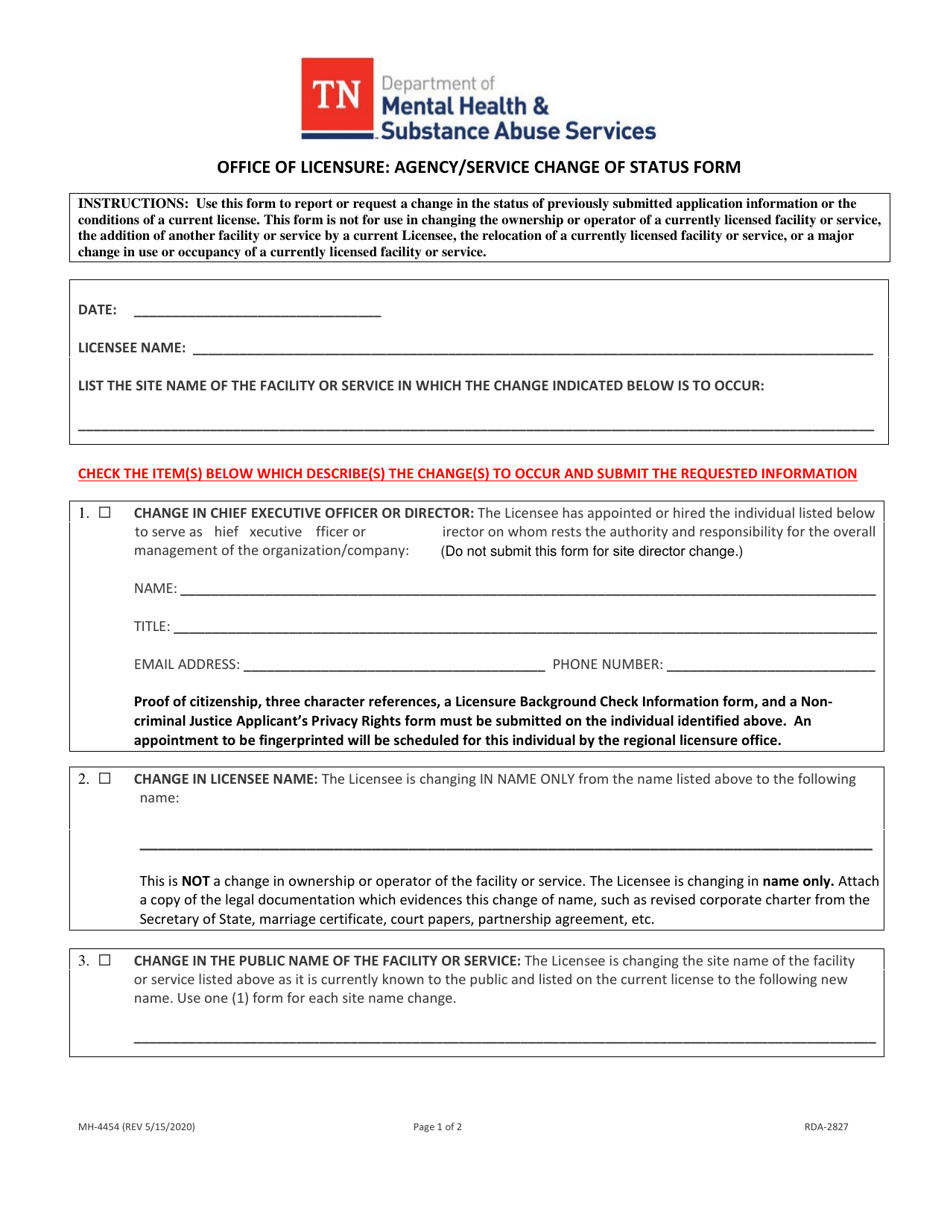 Form MH-4454 Office of Licensure: Agency / Service Change of Status Form - Tennessee, Page 1
