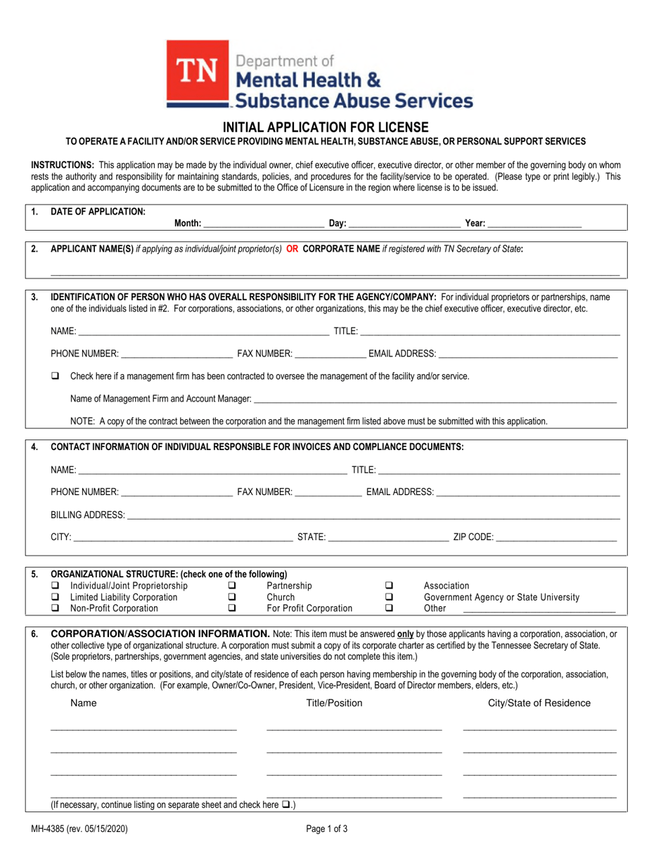 Form MH-4385 Initial Application for License to Operate a Facility and/or Service Providing Mental Health, Substance Abuse, or Personal Support Services - Tennessee, Page 1