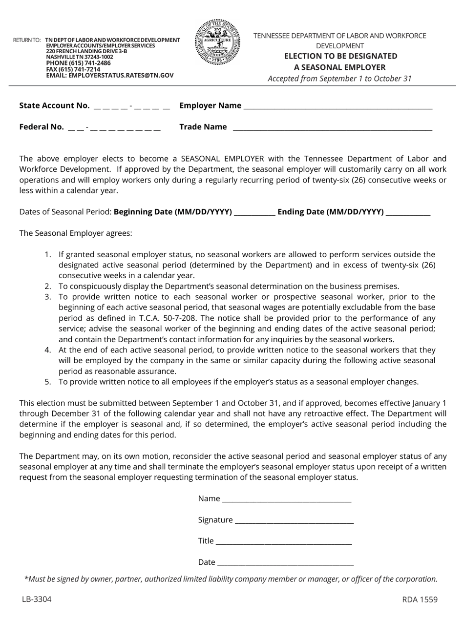 Form LB-3304 Election to Be Designated a Seasonal Employer - Tennessee, Page 1