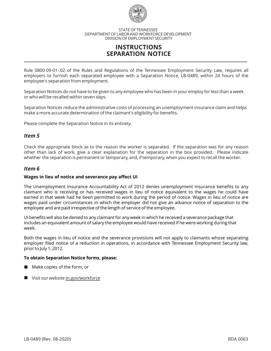 Form LB-0489 Separation Notice - Tennessee, Page 3