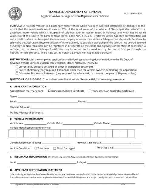 Form RV-F311801 Application for Salvage or Non-repairable Certificate - Tennessee