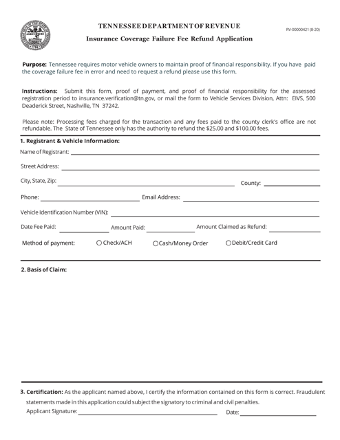 Form RV00000421 Insurance Coverage Failure Fee Refund Application - Tennessee