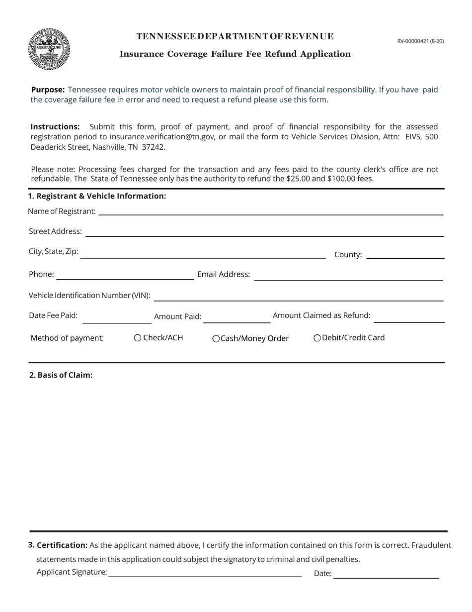 Form RV00000421 Insurance Coverage Failure Fee Refund Application - Tennessee, Page 1