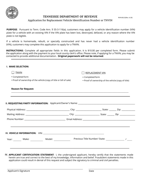 Form RVR-00115 Application for Replacement Vehicle Identification Number or Tnvin - Tennessee