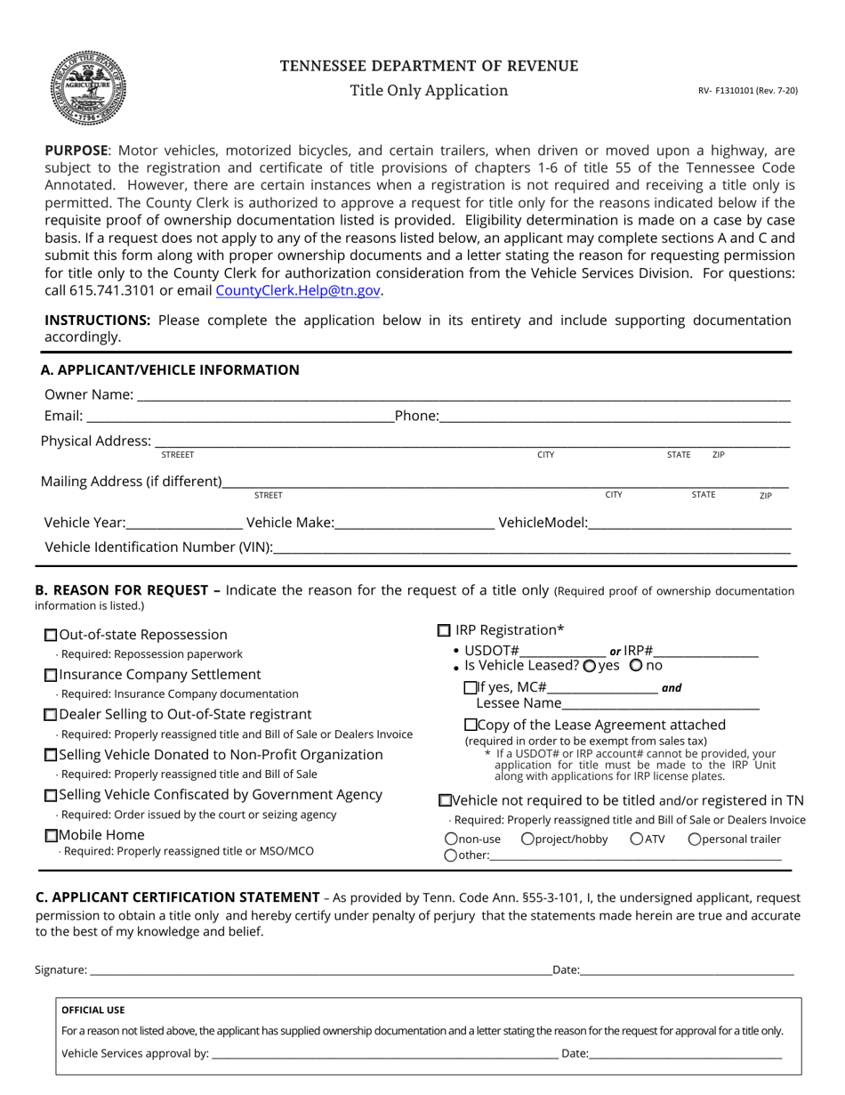 Form RV-F1310101 Title Only Application - Tennessee, Page 1