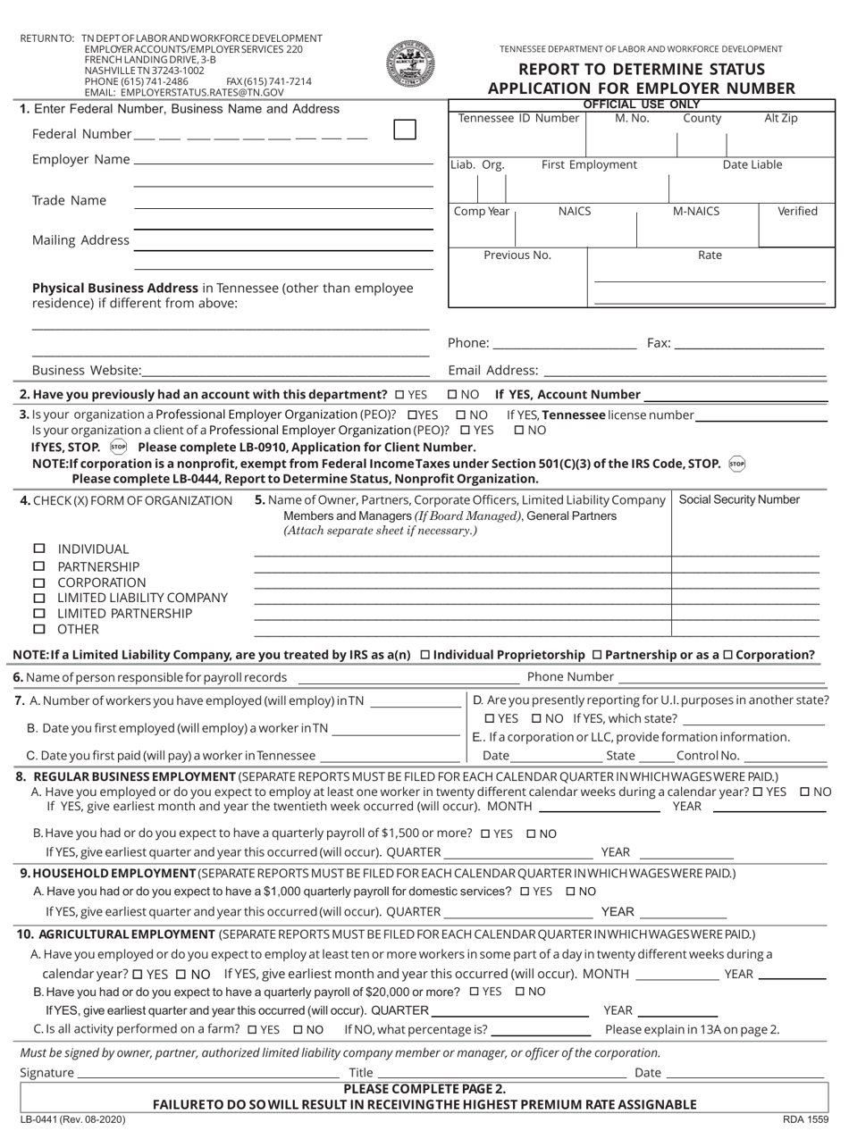 Form LB-0441 Report to Determine Status Application for Employer Number - Tennessee, Page 1