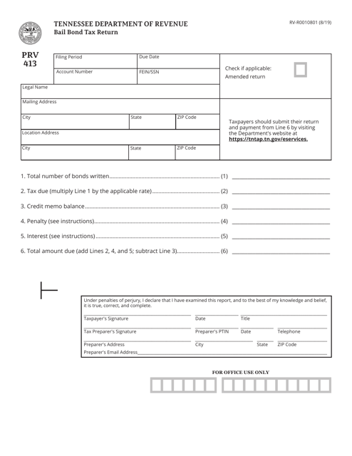 Form PRV413 (RV-R0010801) Bail Bond Tax Return - Tennessee