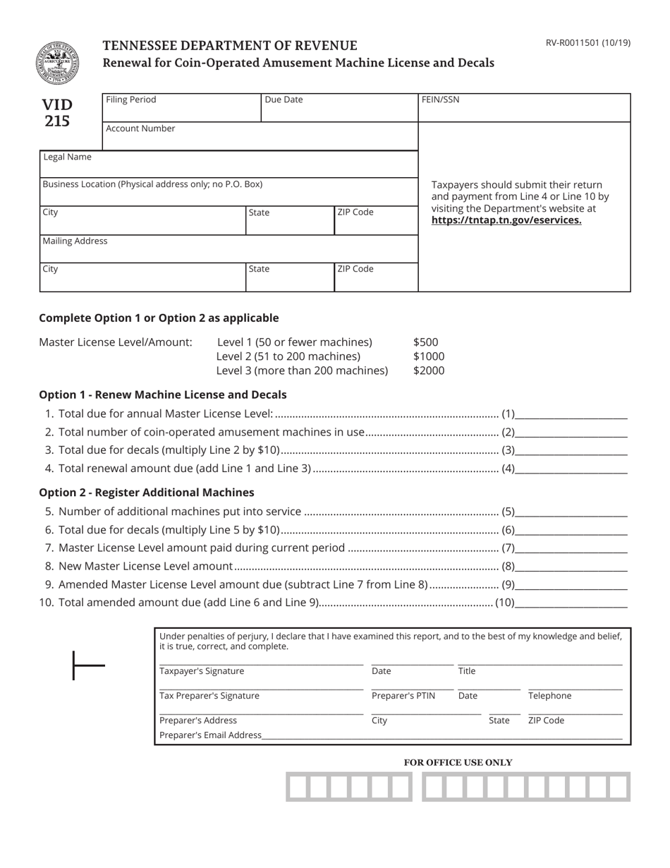 Form RV-R0011501 (VID215) Renewal for Coin-Operated Amusement Machine License and Decals - Tennessee, Page 1