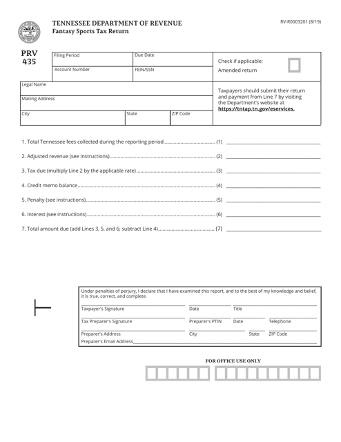 Form PRV435 (RV-R0003201) Fantasy Sports Tax Return - Tennessee