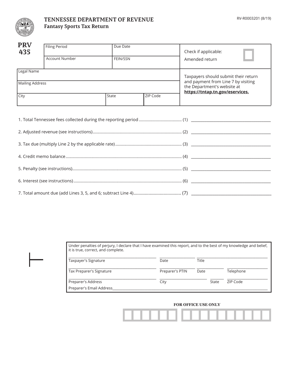 Form PRV435 (RV-R0003201) Fantasy Sports Tax Return - Tennessee, Page 1