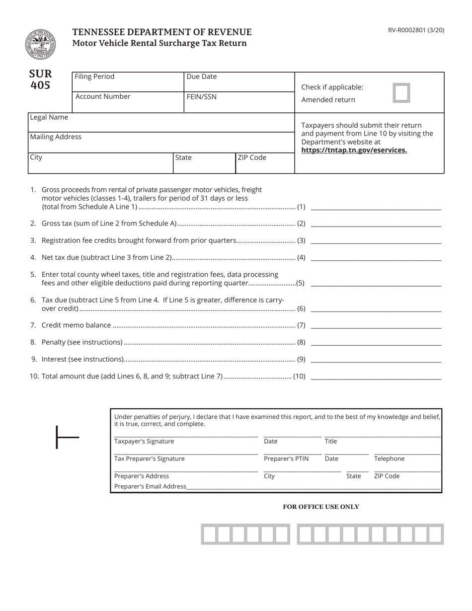 Form SUR405 (RV-R0002801) Motor Vehicle Rental Surcharge Tax Return - Tennessee, Page 1