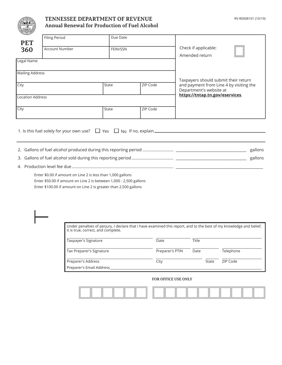 Form PET360 (RV-R0008101) Annual Renewal for Production of Fuel Alcohol - Tennessee, Page 1