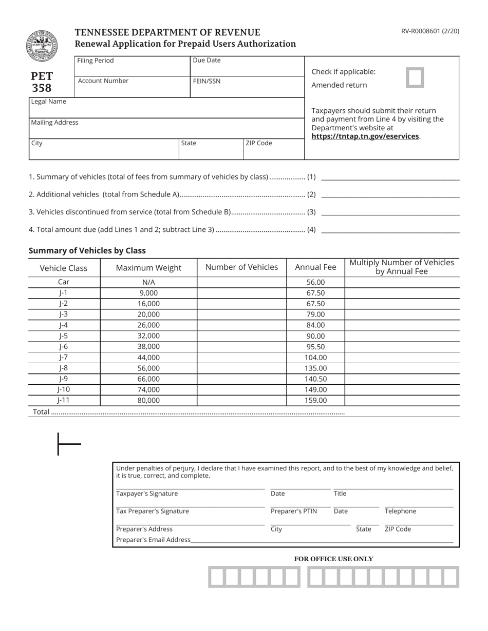 Form PET358 (RV-R0008601) Renewal Application for Prepaid Users Authorization - Tennessee, Page 1