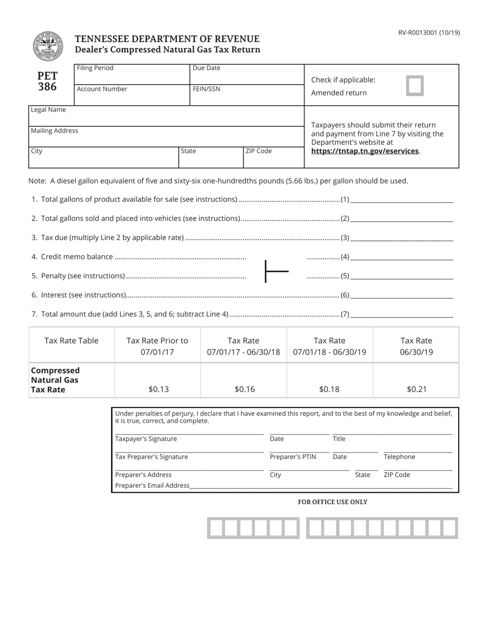 Form PET386 (RV-R0013001) Dealers Compressed Natural Gas Tax Return - Tennessee, Page 1
