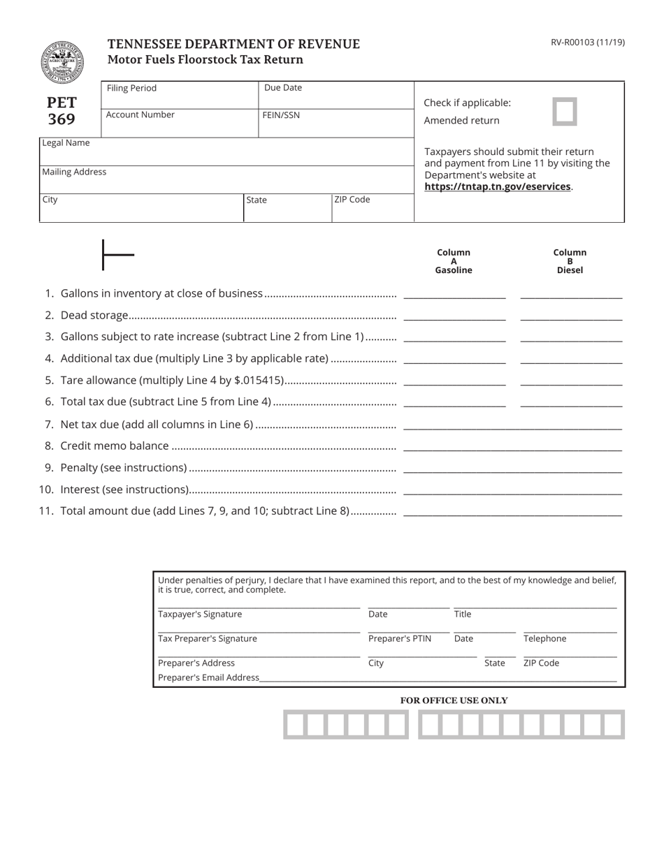 Form PET369 (RV-R00103) Motor Fuels Floorstock Tax Return - Tennessee, Page 1