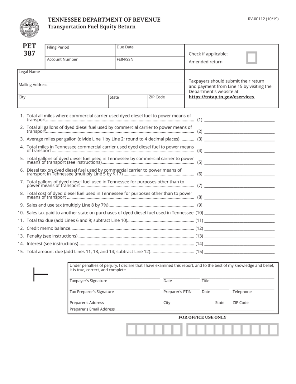Form PET387 (RV-00112) Transportation Fuel Equity Return - Tennessee, Page 1