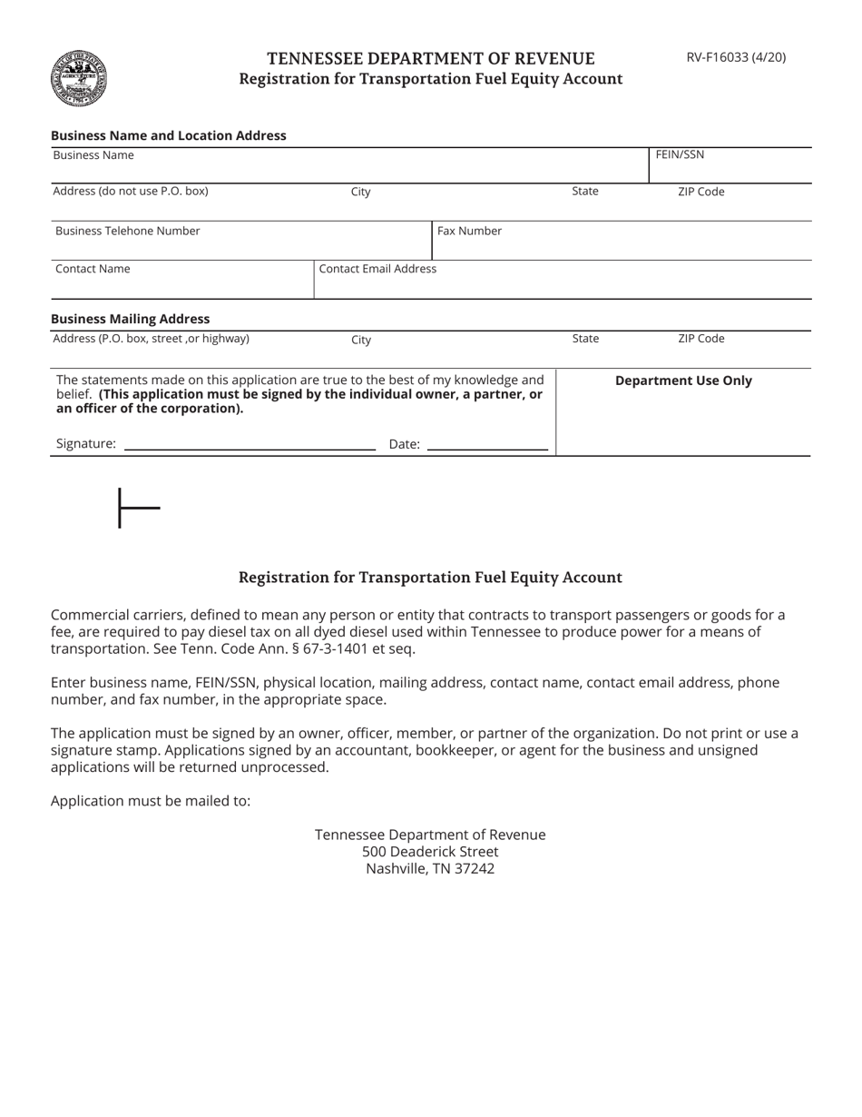Form RV-F16033 Registration for Transportation Fuel Equity Account - Tennessee, Page 1