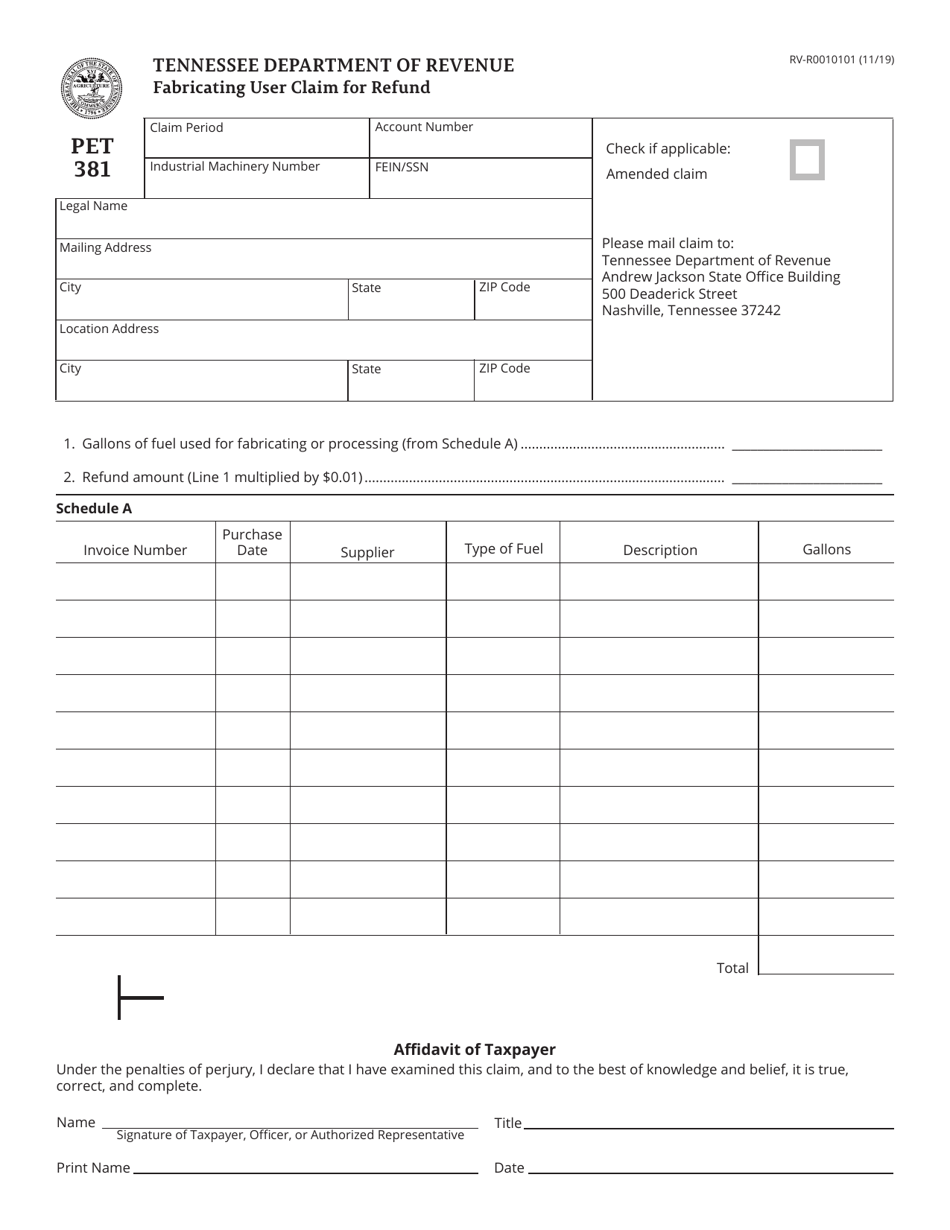 Form PET381 (RV-R0010101) Fabricating User Claim for Refund - Tennessee, Page 1