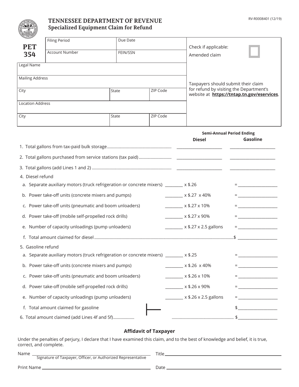 Form PET354 (RV-R0008401) Specialized Equipment Claim for Refund - Tennessee, Page 1