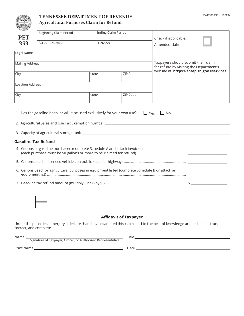 Form PET353 (RV-R0008301) Agricultural Purposes Claim for Refund - Tennessee, Page 1